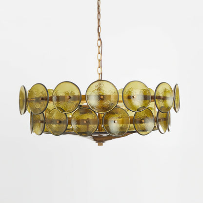 Tiered Glass Disc Pendant Light for Dining Room – Amber Circular Shade Ceiling Fixture – Adjustable Hanging Lamp for Kitchen Island Living R