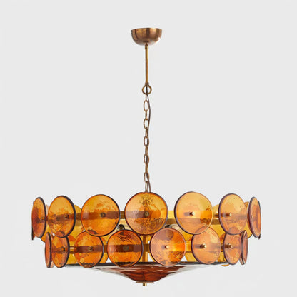 Tiered Glass Disc Pendant Light for Dining Room – Amber Circular Shade Ceiling Fixture – Adjustable Hanging Lamp for Kitchen Island Living R