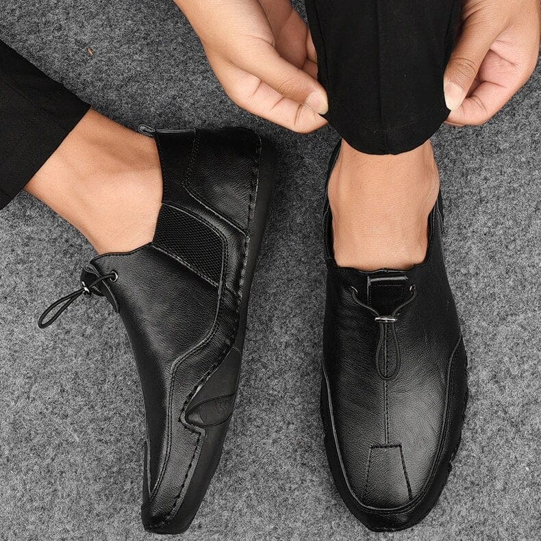 Men's Leather Slip-On Loafers with Elastic Lacing Casual Dress Shoes Anti-Slip Sole Breathable Comfort for Everyday Wear Work Office