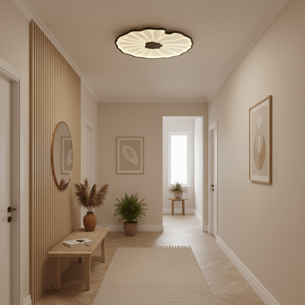Wood-Look LED Ceiling Light Flush Mount with Botanical Curved Edge Design for Bedroom Living Room Kitchen