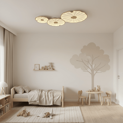 Wood-Look LED Ceiling Light Flush Mount with Botanical Curved Edge Design for Bedroom Living Room Kitchen