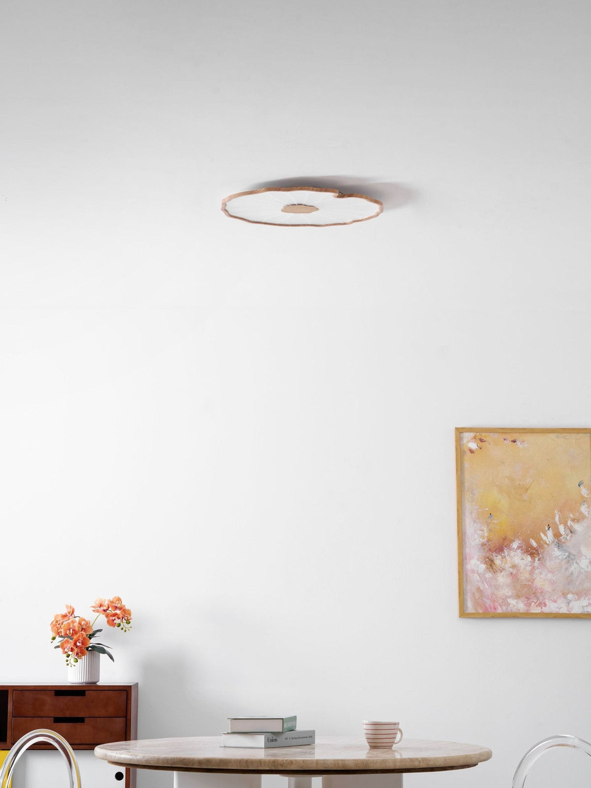Sculptural Leaf Flush Mount Light with Integrated LED 53 in Acrylic Wood-Tone Ceiling Fixture for Living Room Bedroom Dining Room Modern Jap
