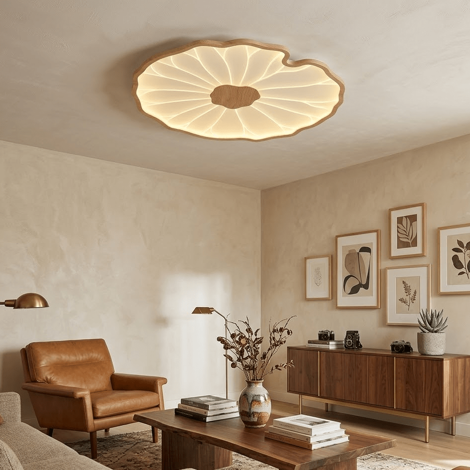Sculptural Leaf Flush Mount Light with Integrated LED 53 in Acrylic Wood-Tone Ceiling Fixture for Living Room Bedroom Dining Room Modern Jap