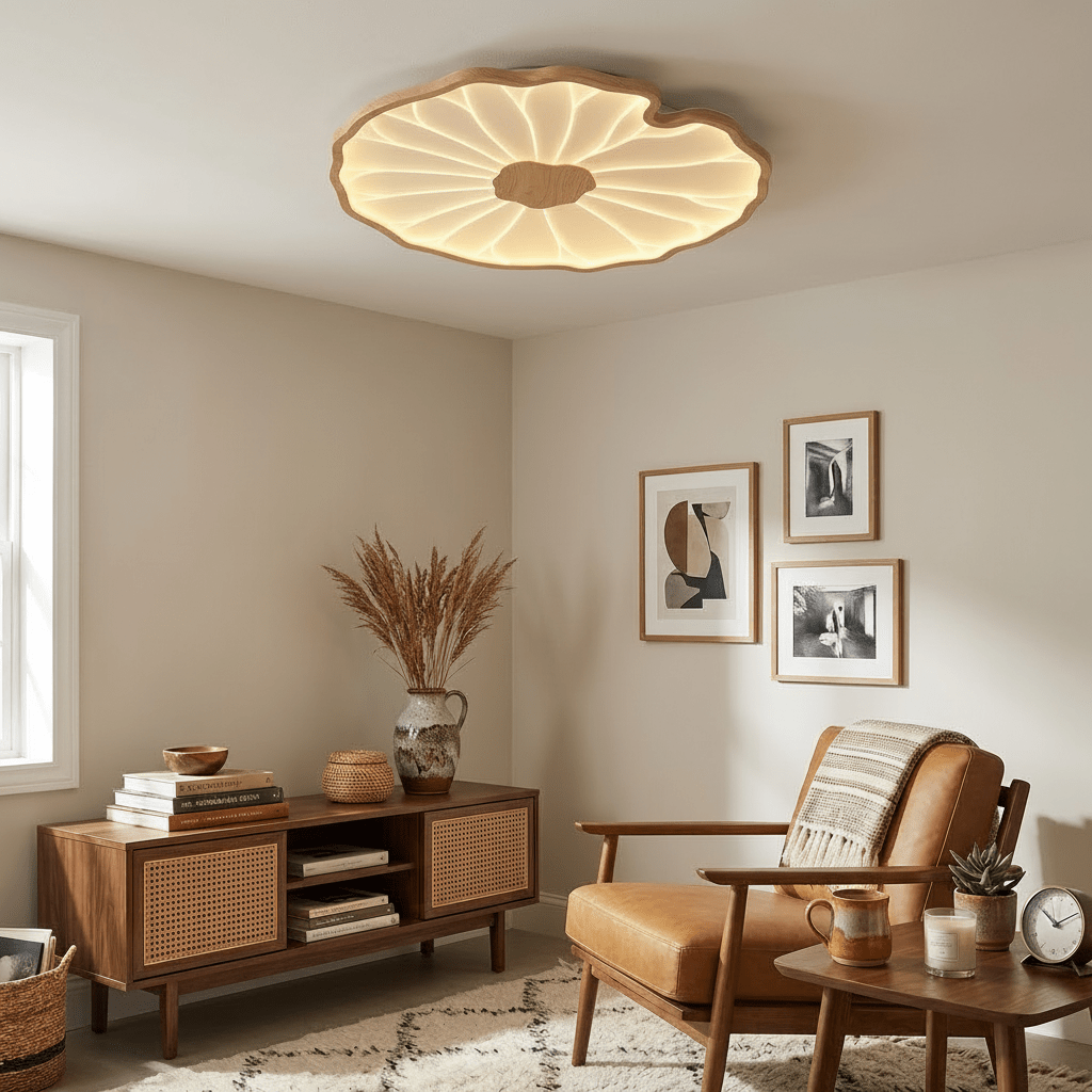 Sculptural Leaf Flush Mount Light with Integrated LED 53 in Acrylic Wood-Tone Ceiling Fixture for Living Room Bedroom Dining Room Modern Jap