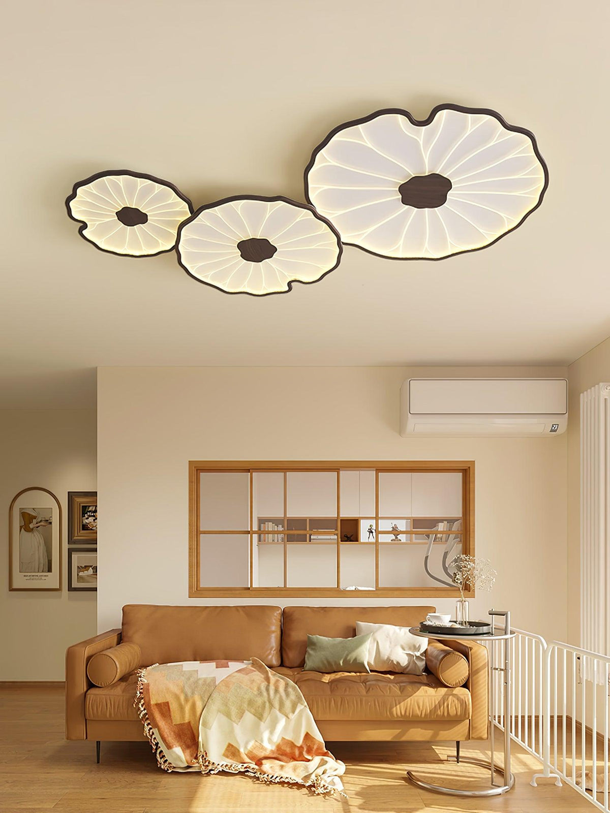 Sculptural Leaf Flush Mount Light with Integrated LED 53 in Acrylic Wood-Tone Ceiling Fixture for Living Room Bedroom Dining Room Modern Jap