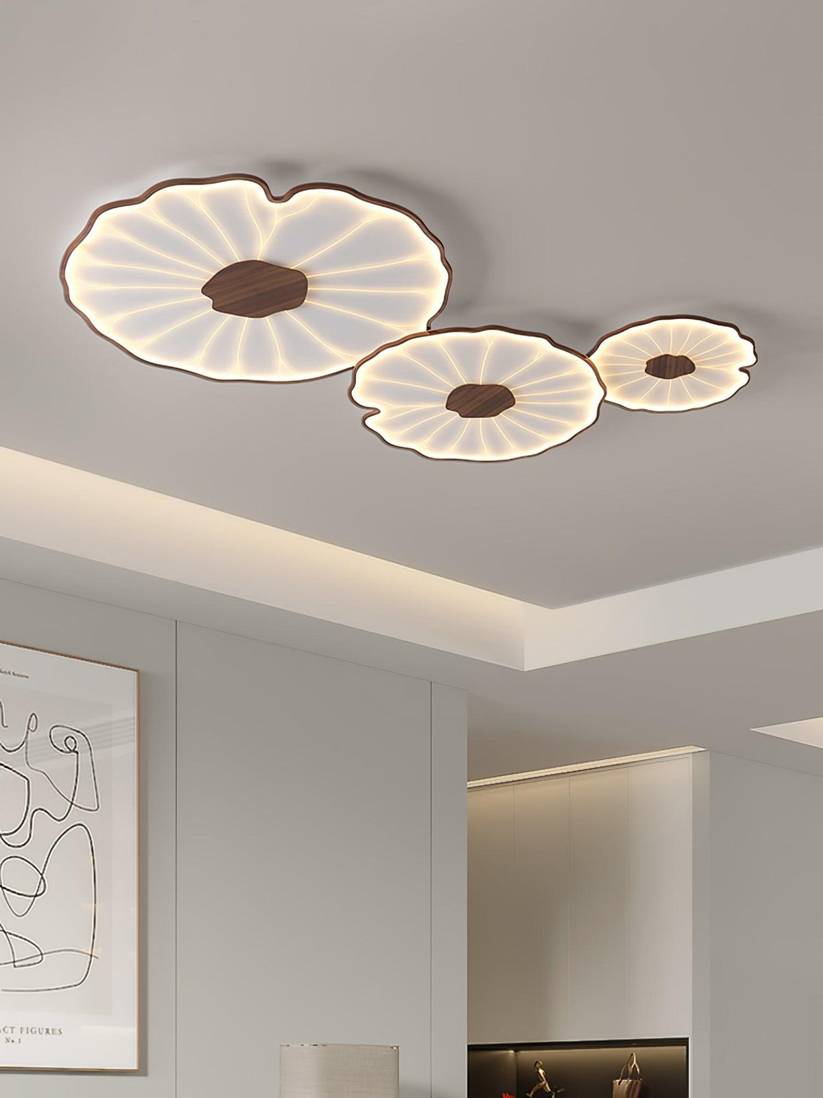 Wood-Look LED Ceiling Light Flush Mount with Botanical Curved Edge Design for Bedroom Living Room Kitchen