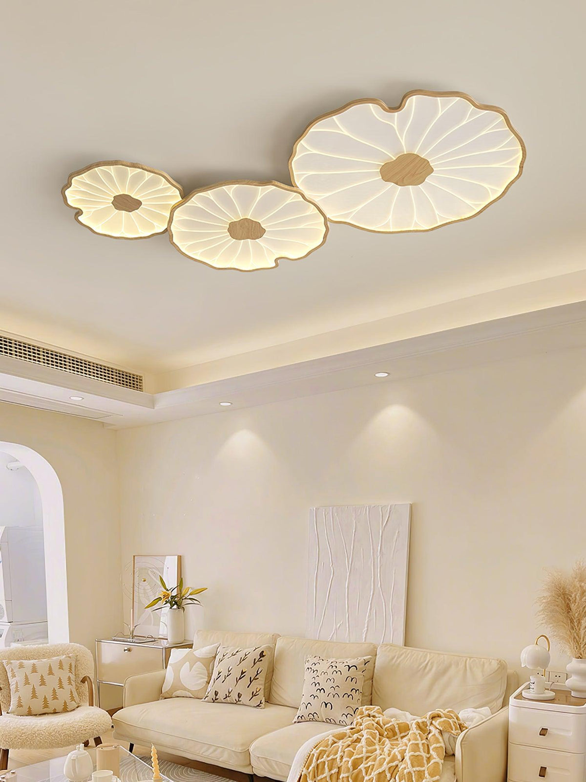 Sculptural Leaf Flush Mount Light with Integrated LED 53 in Acrylic Wood-Tone Ceiling Fixture for Living Room Bedroom Dining Room Modern Jap
