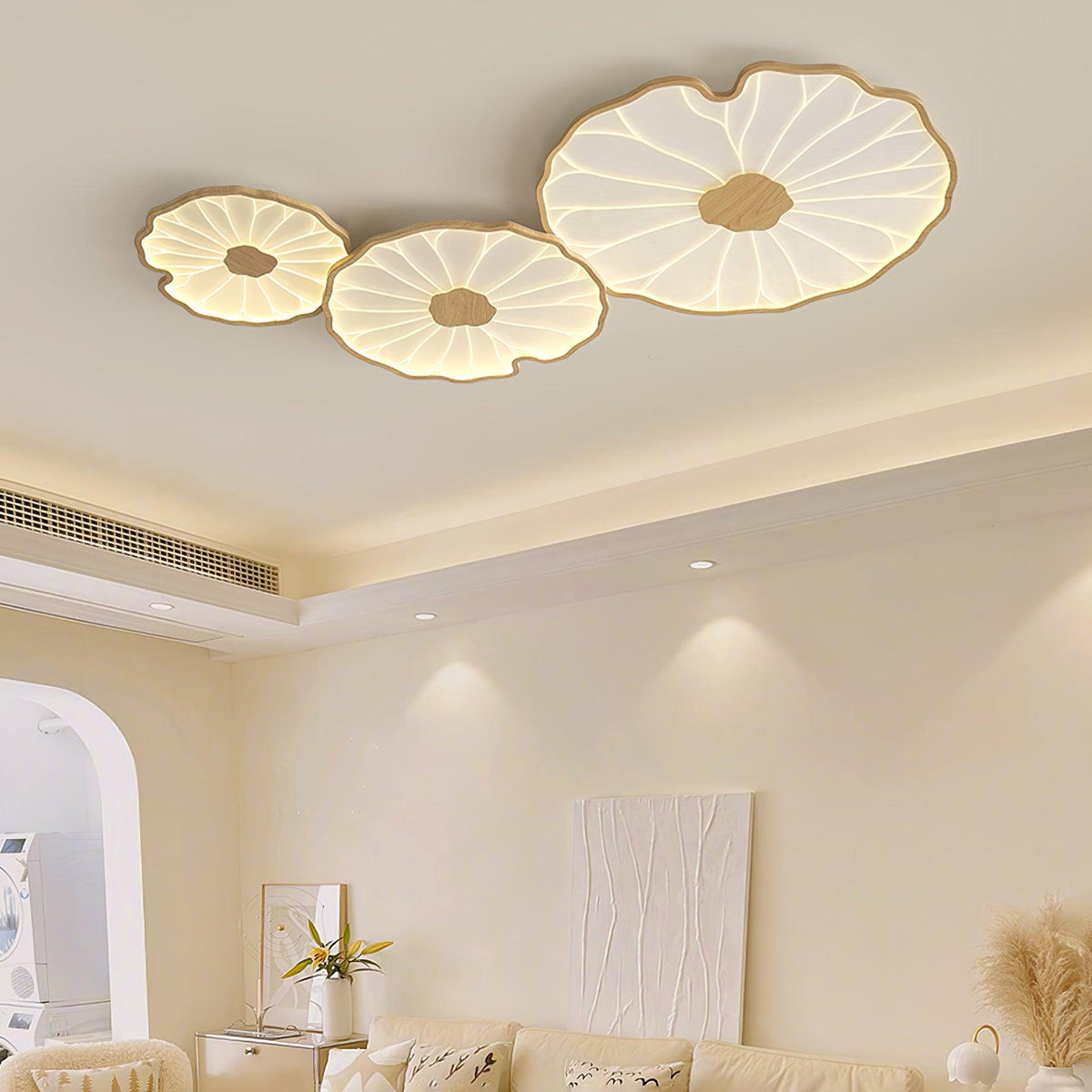 Sculptural Leaf Flush Mount Light with Integrated LED 53 in Acrylic Wood-Tone Ceiling Fixture for Living Room Bedroom Dining Room Modern Jap