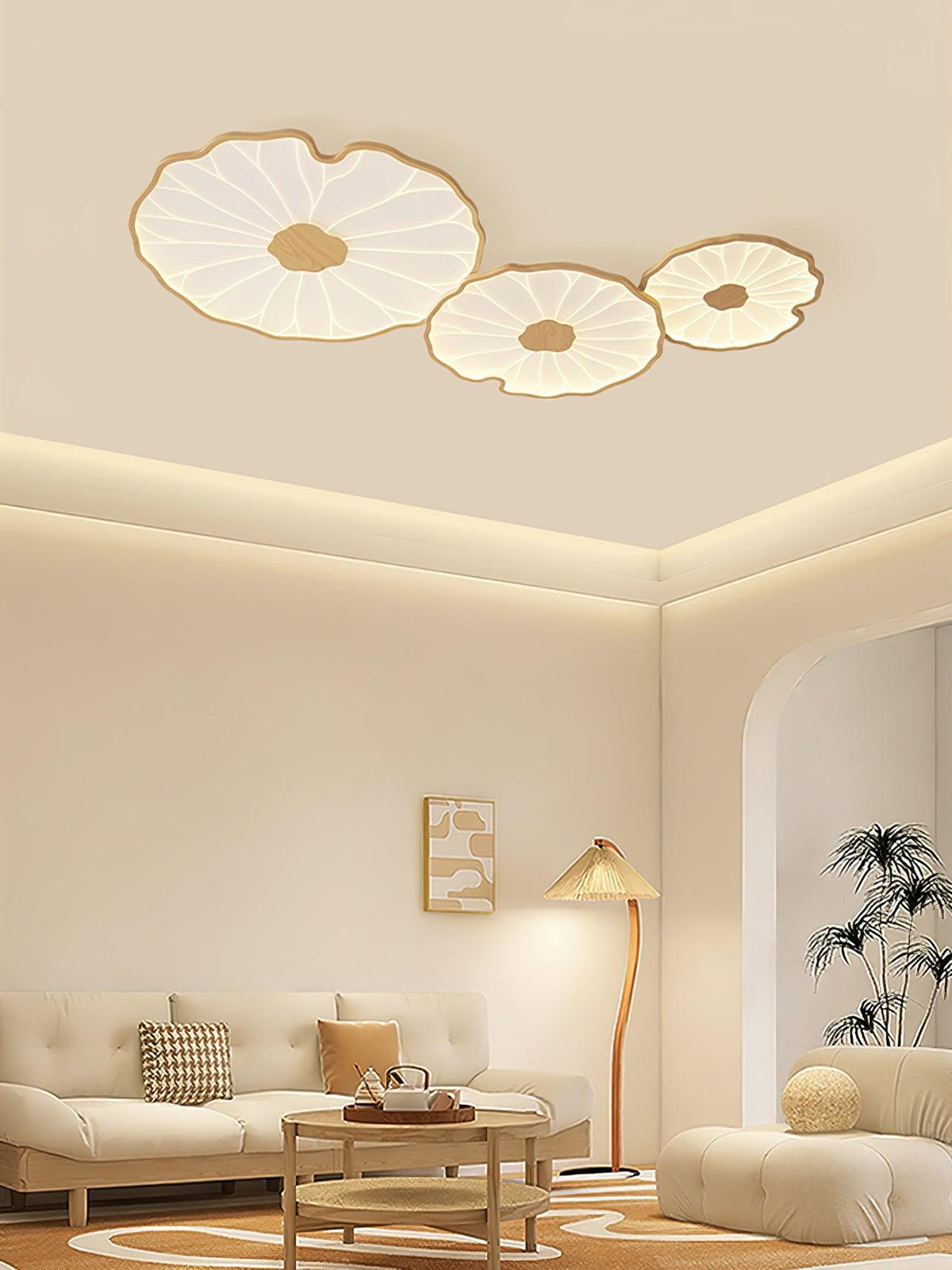 Wood-Look LED Ceiling Light Flush Mount with Botanical Curved Edge Design for Bedroom Living Room Kitchen