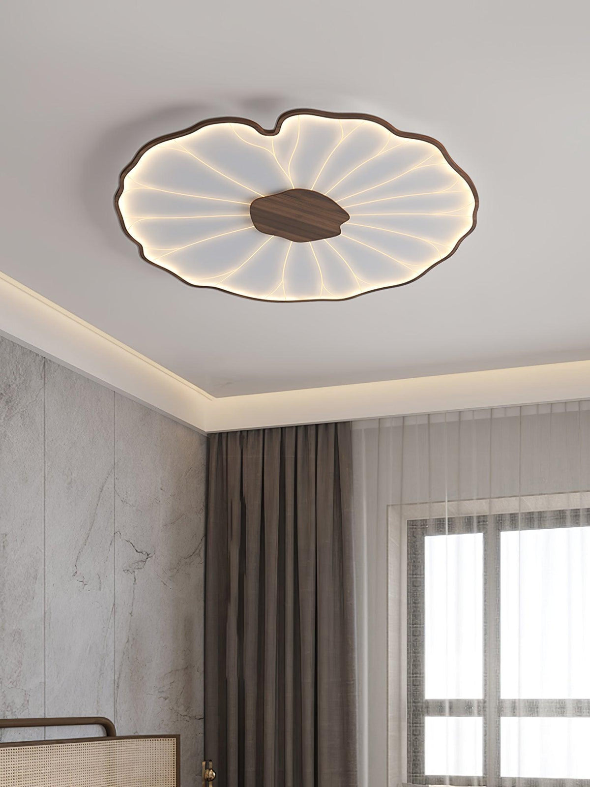 Wood-Look LED Ceiling Light Flush Mount with Botanical Curved Edge Design for Bedroom Living Room Kitchen