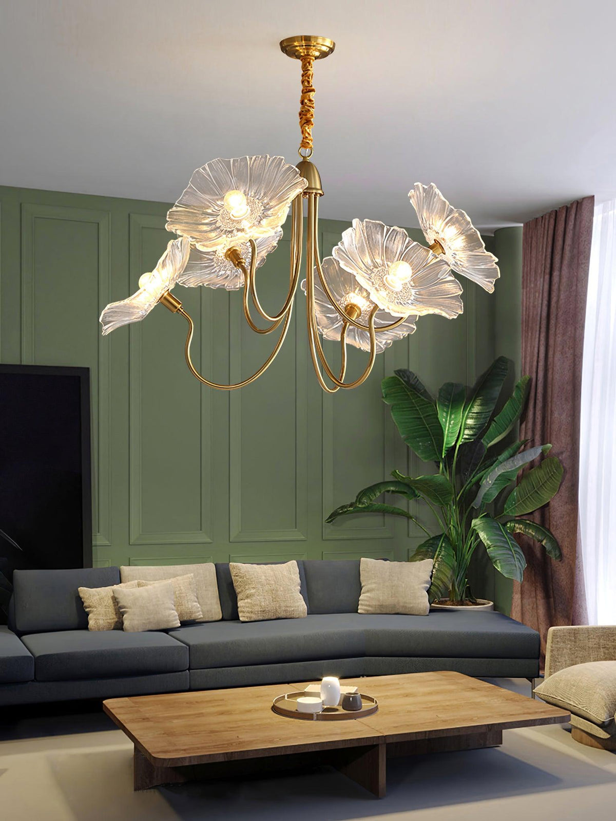 Botanical Glass Multi-Light Fixture 35 in Gold Finish for Dining Room Living Room Entryway Ambient Overhead Illumination