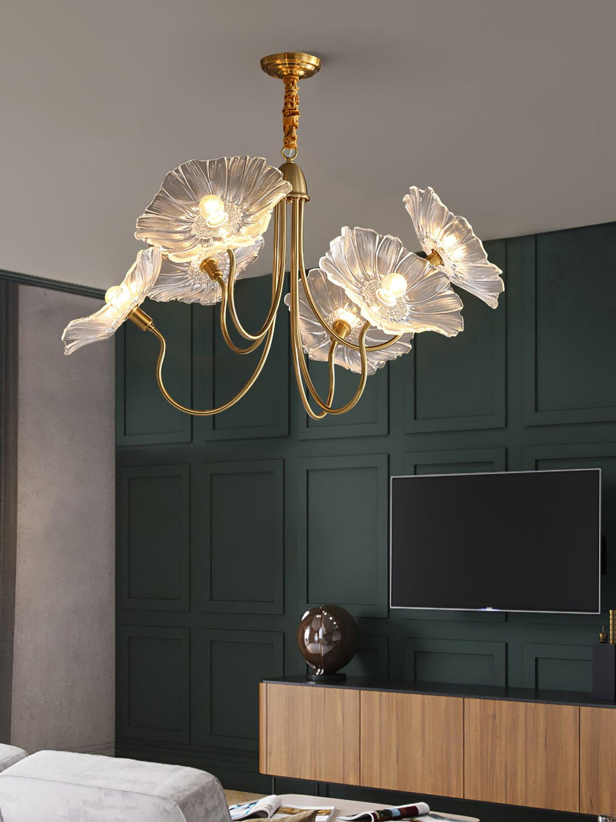 Botanical Glass Multi-Light Fixture 35 in Gold Finish for Dining Room Living Room Entryway Ambient Overhead Illumination