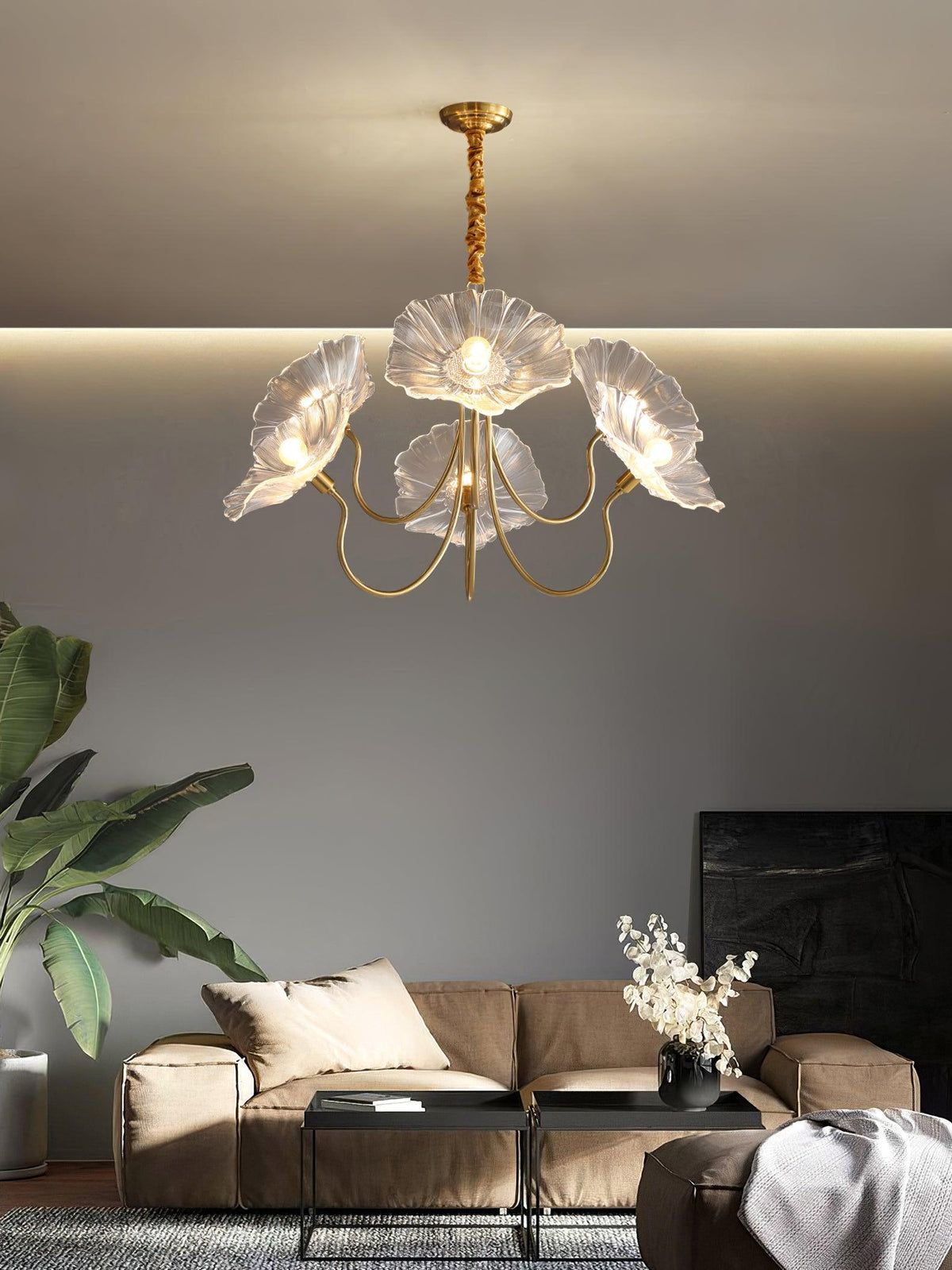Botanical Glass Multi-Light Fixture 35 in Gold Finish for Dining Room Living Room Entryway Ambient Overhead Illumination