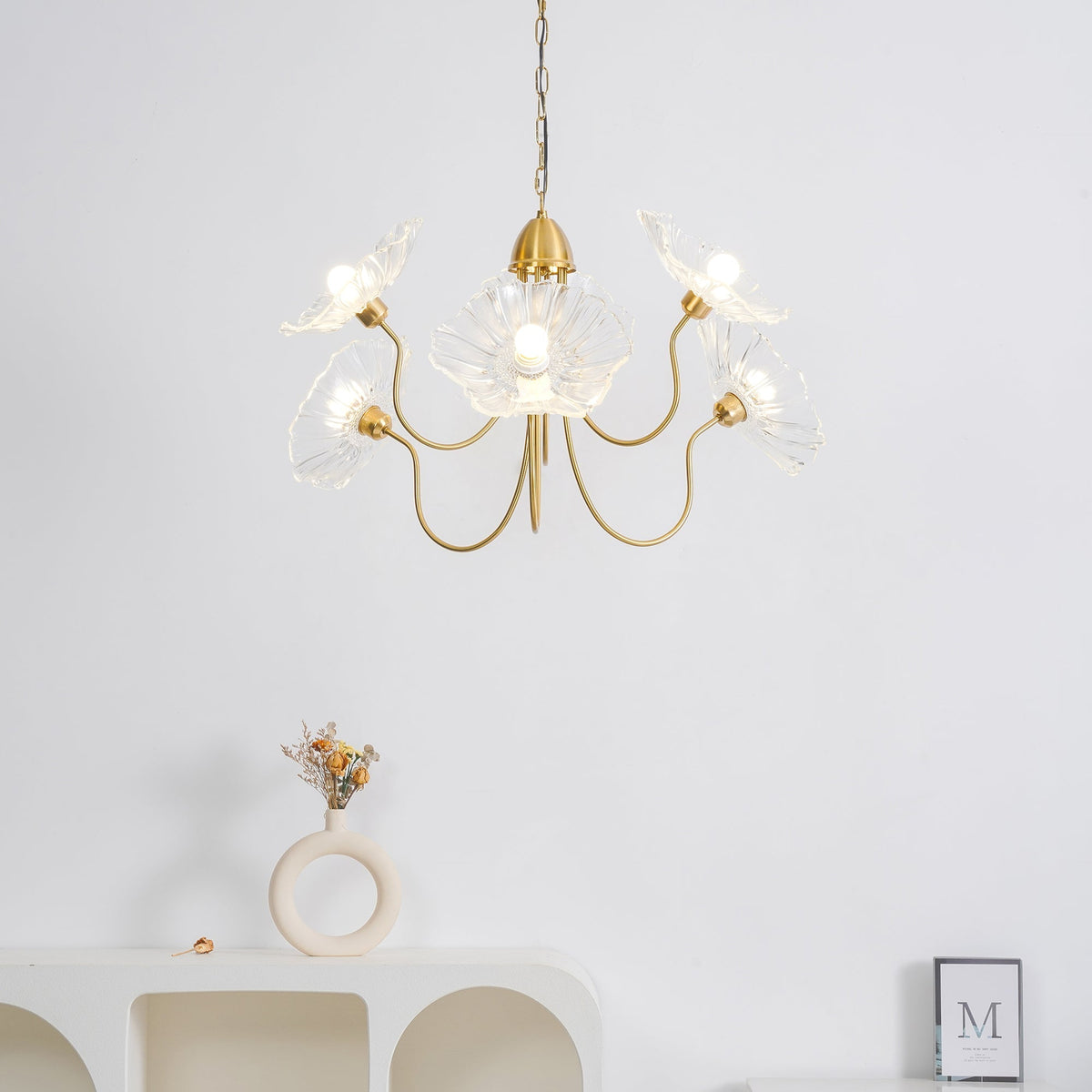 Botanical Glass Multi-Light Fixture 35 in Gold Finish for Dining Room Living Room Entryway Ambient Overhead Illumination