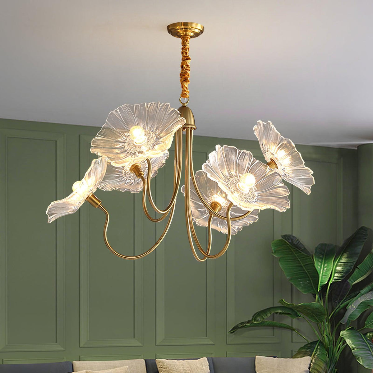 Botanical Glass Multi-Light Fixture 35 in Gold Finish for Dining Room Living Room Entryway Ambient Overhead Illumination