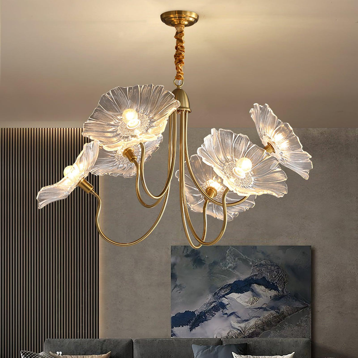 Botanical Glass Multi-Light Fixture 35 in Gold Finish for Dining Room Living Room Entryway Ambient Overhead Illumination