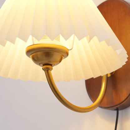 Plug-In Sconce Light with Pleated Shade and Walnut Accents 12 Inch Square for Bedside Reading Nooks Hallways