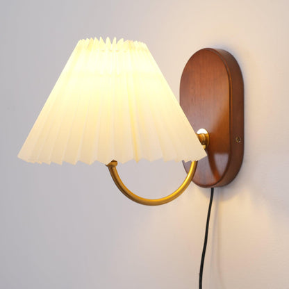 Plug-In Sconce Light with Pleated Shade and Walnut Accents 12 Inch Square for Bedside Reading Nooks Hallways