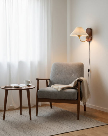 Plug-In Sconce Light with Pleated Shade and Walnut Accents 12 Inch Square for Bedside Reading Nooks Hallways