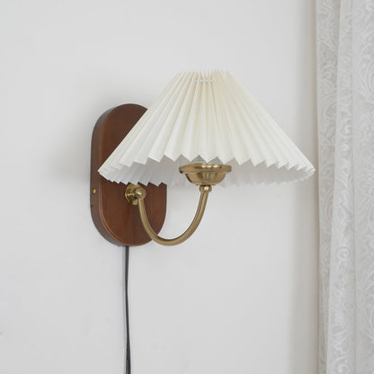 Plug-In Sconce Light with Pleated Shade and Walnut Accents 12 Inch Square for Bedside Reading Nooks Hallways
