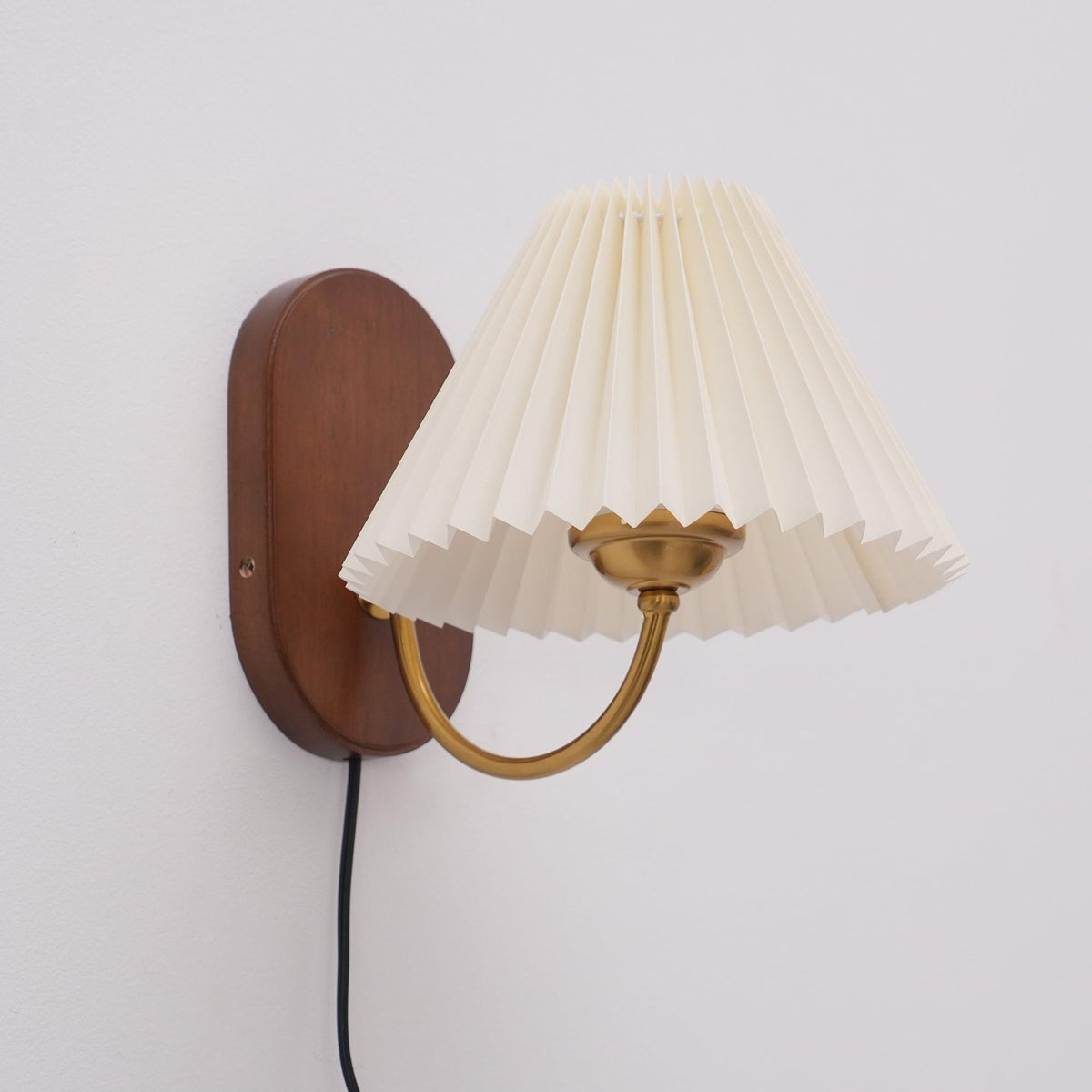 Plug-In Sconce Light with Pleated Shade and Walnut Accents 12 Inch Square for Bedside Reading Nooks Hallways