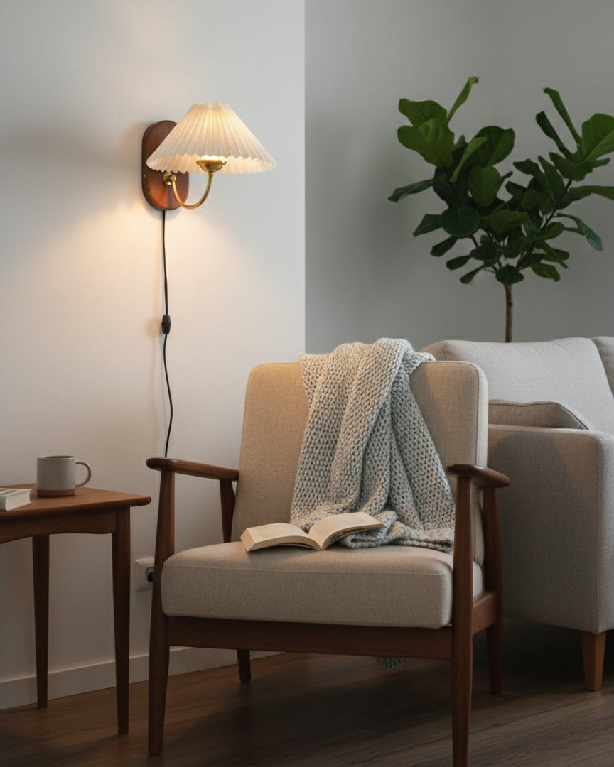 Plug-In Sconce Light with Pleated Shade and Walnut Accents 12 Inch Square for Bedside Reading Nooks Hallways