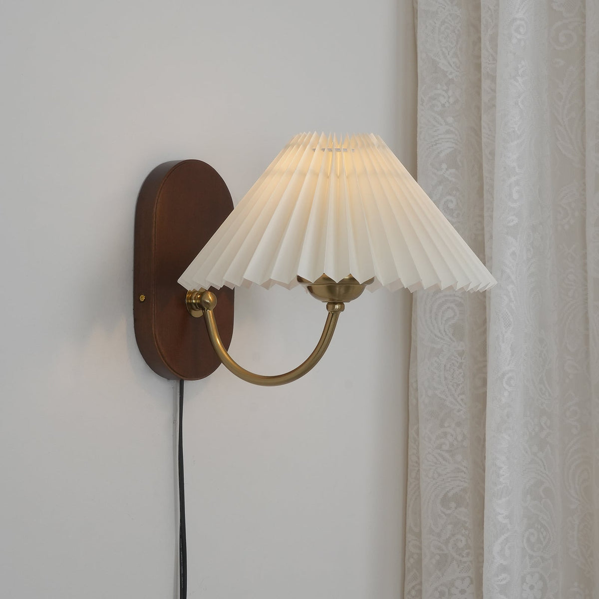 Plug-In Sconce Light with Pleated Shade and Walnut Accents 12 Inch Square for Bedside Reading Nooks Hallways