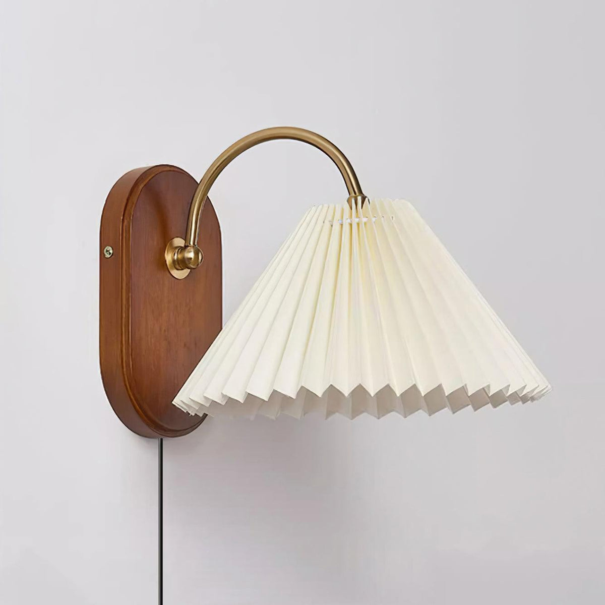 Plug-In Sconce Light with Pleated Shade and Walnut Accents 12 Inch Square for Bedside Reading Nooks Hallways