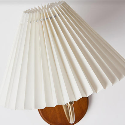 Plug-In Sconce Light with Pleated Shade and Walnut Accents 12 Inch Square for Bedside Reading Nooks Hallways