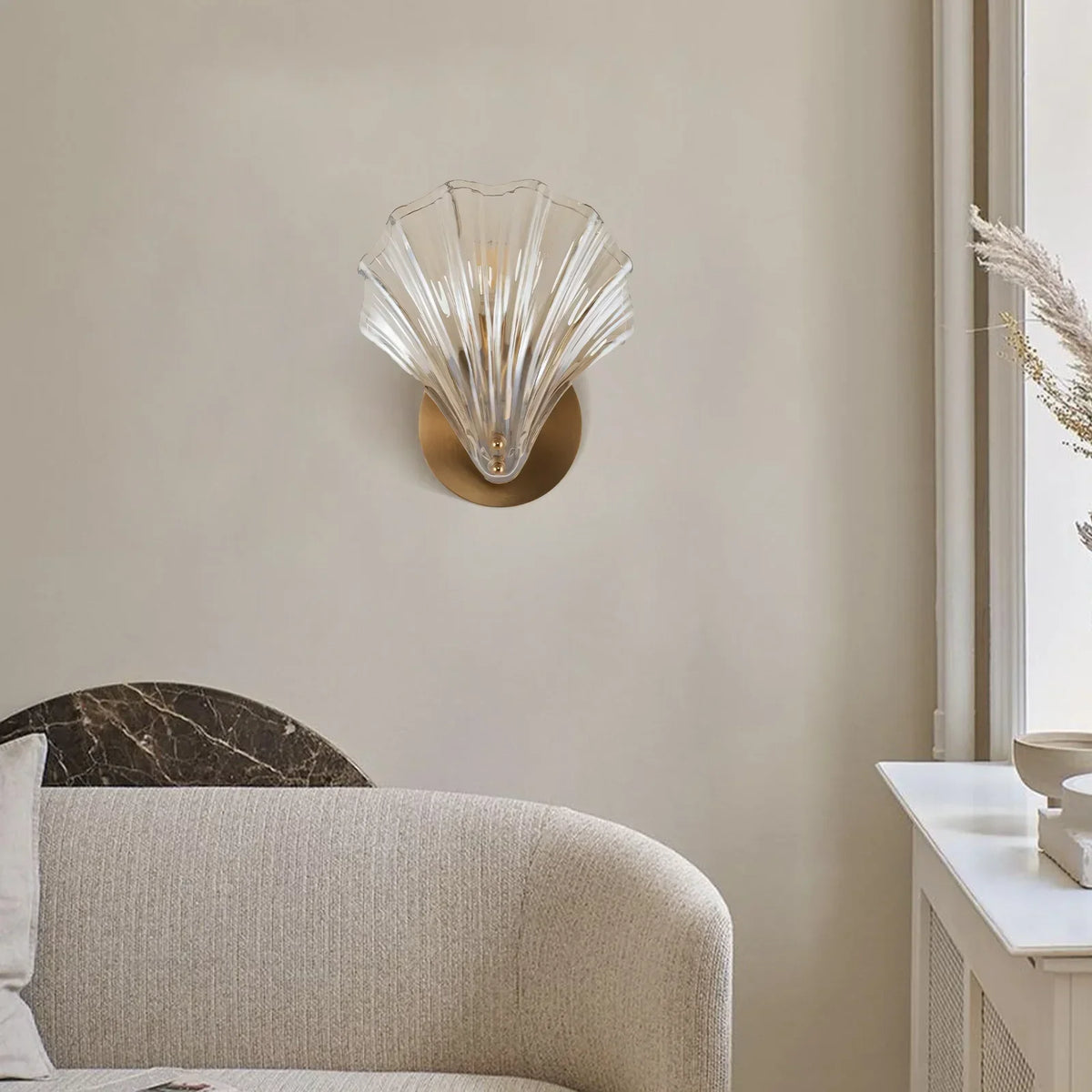 Sconce with Organic Shell-Shaped Shade – 10 Inch Brass & Glass Fixture for Bedside, Hallway, Powder Room – Subtle Glow