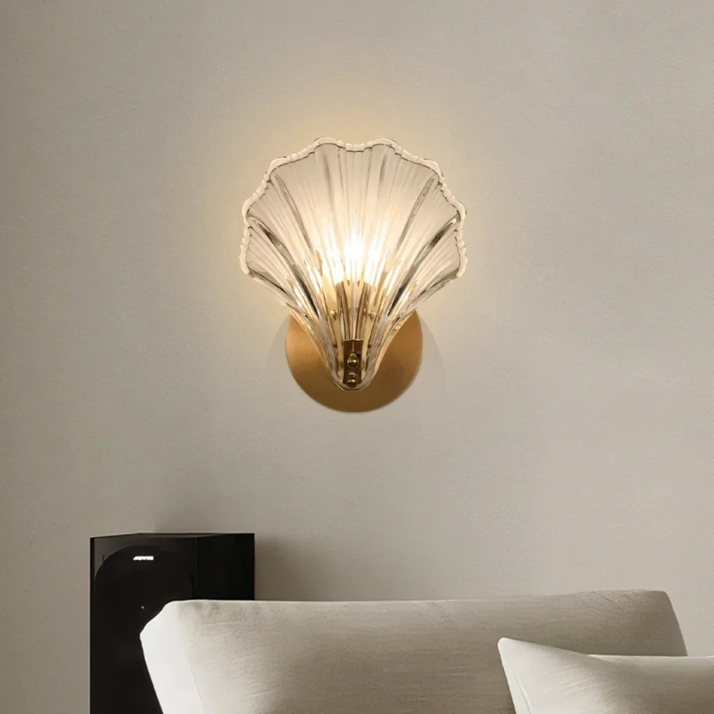 Sconce with Organic Shell-Shaped Shade – 10 Inch Brass & Glass Fixture for Bedside, Hallway, Powder Room – Subtle Glow
