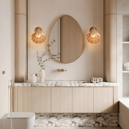 Sconce with Organic Shell-Shaped Shade – 10 Inch Brass & Glass Fixture for Bedside, Hallway, Powder Room – Subtle Glow