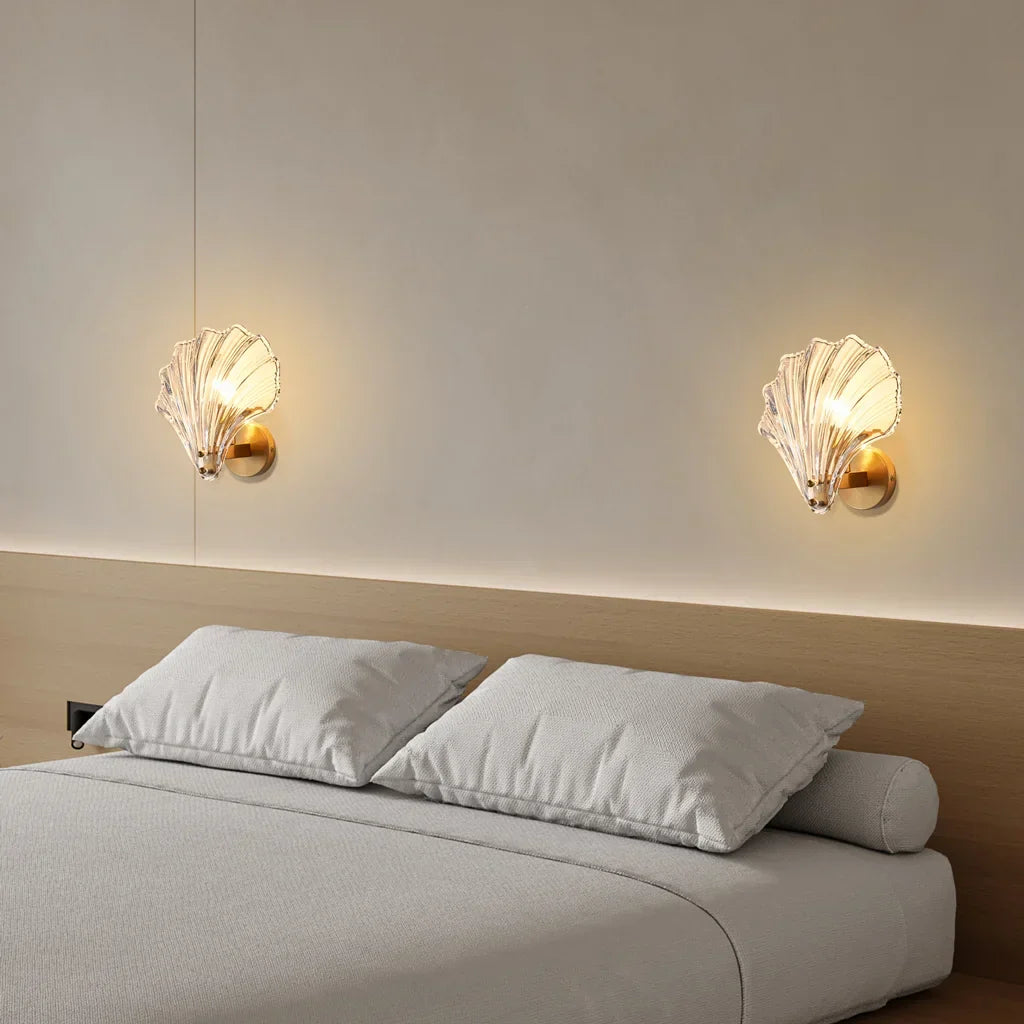Sconce with Organic Shell-Shaped Shade – 10 Inch Brass & Glass Fixture for Bedside, Hallway, Powder Room – Subtle Glow