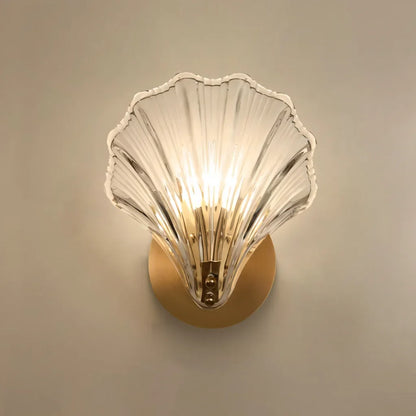 Sconce with Organic Shell-Shaped Shade – 10 Inch Brass & Glass Fixture for Bedside, Hallway, Powder Room – Subtle Glow