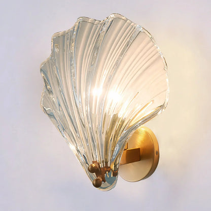 Sconce with Organic Shell-Shaped Shade – 10 Inch Brass & Glass Fixture for Bedside, Hallway, Powder Room – Subtle Glow