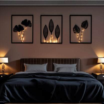 Battery-Powered LED Leaf Frame Light Set for Home Decor 3-Piece Black Metal Botanical Display for Shelves Tables Nightstand Ambiance