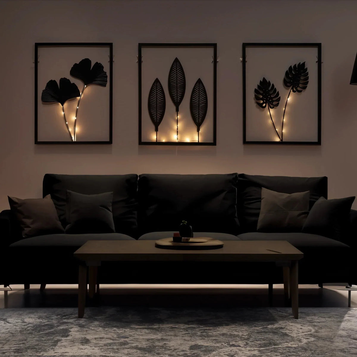 Battery-Powered LED Leaf Frame Light Set for Home Decor 3-Piece Black Metal Botanical Display for Shelves Tables Nightstand Ambiance