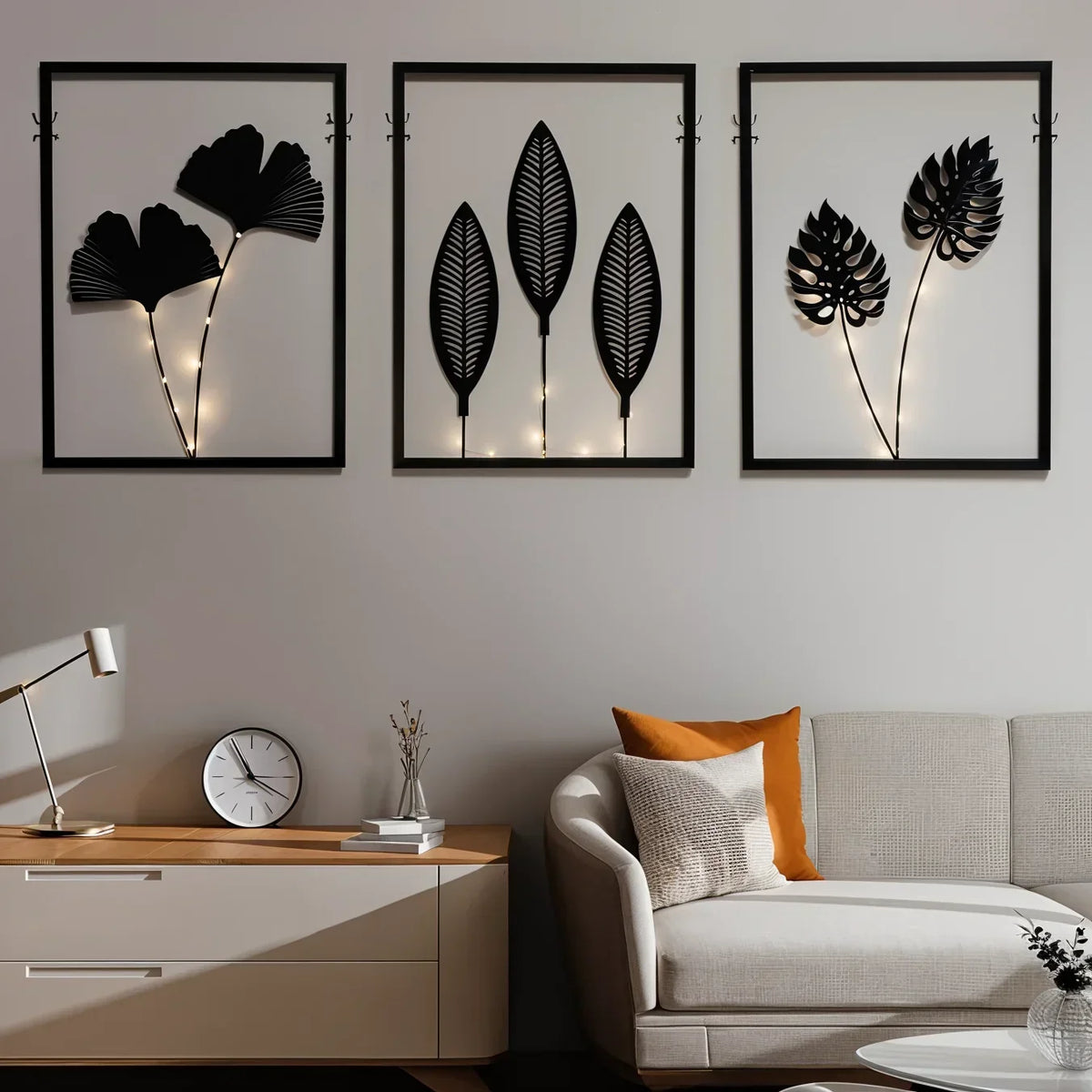 Battery-Powered LED Leaf Frame Light Set for Home Decor 3-Piece Black Metal Botanical Display for Shelves Tables Nightstand Ambiance
