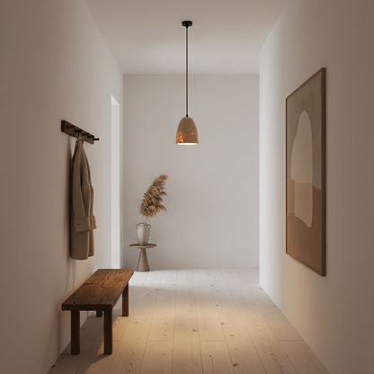 Stone Hanging Lamp with Natural Beige Shade – Compact Overhead Fixture for Countertops and Tables – Adjustable 59-Inch Cord – E26 Medium Bas