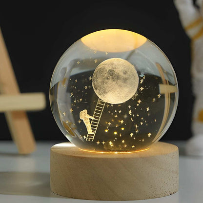 LED Glass Sphere Desk Lamp with 3D Laser-Etched Design on Wood Base | Night Light for Bedside, Living Room & Kids' Bedroom Décor | USB