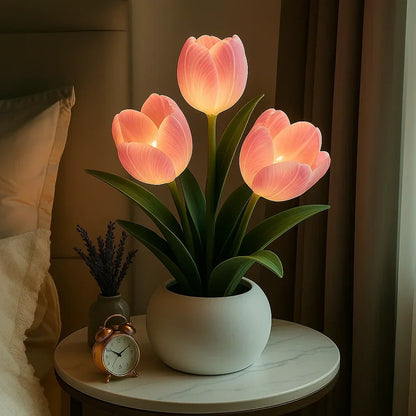 LED Tulip Flower Night Light with Vase – 5-Level Dimmable Decorative Accent Lamp for Bedroom, Living Room & Office