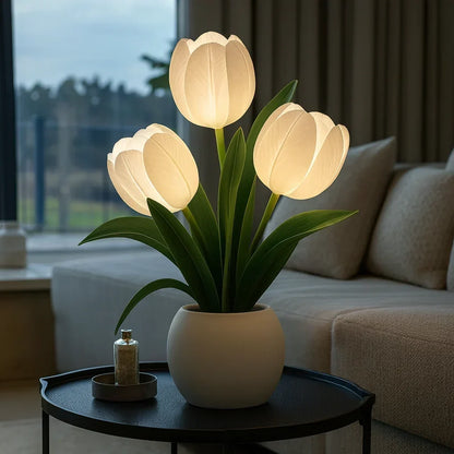 LED Tulip Flower Night Light with Vase – 5-Level Dimmable Decorative Accent Lamp for Bedroom, Living Room & Office