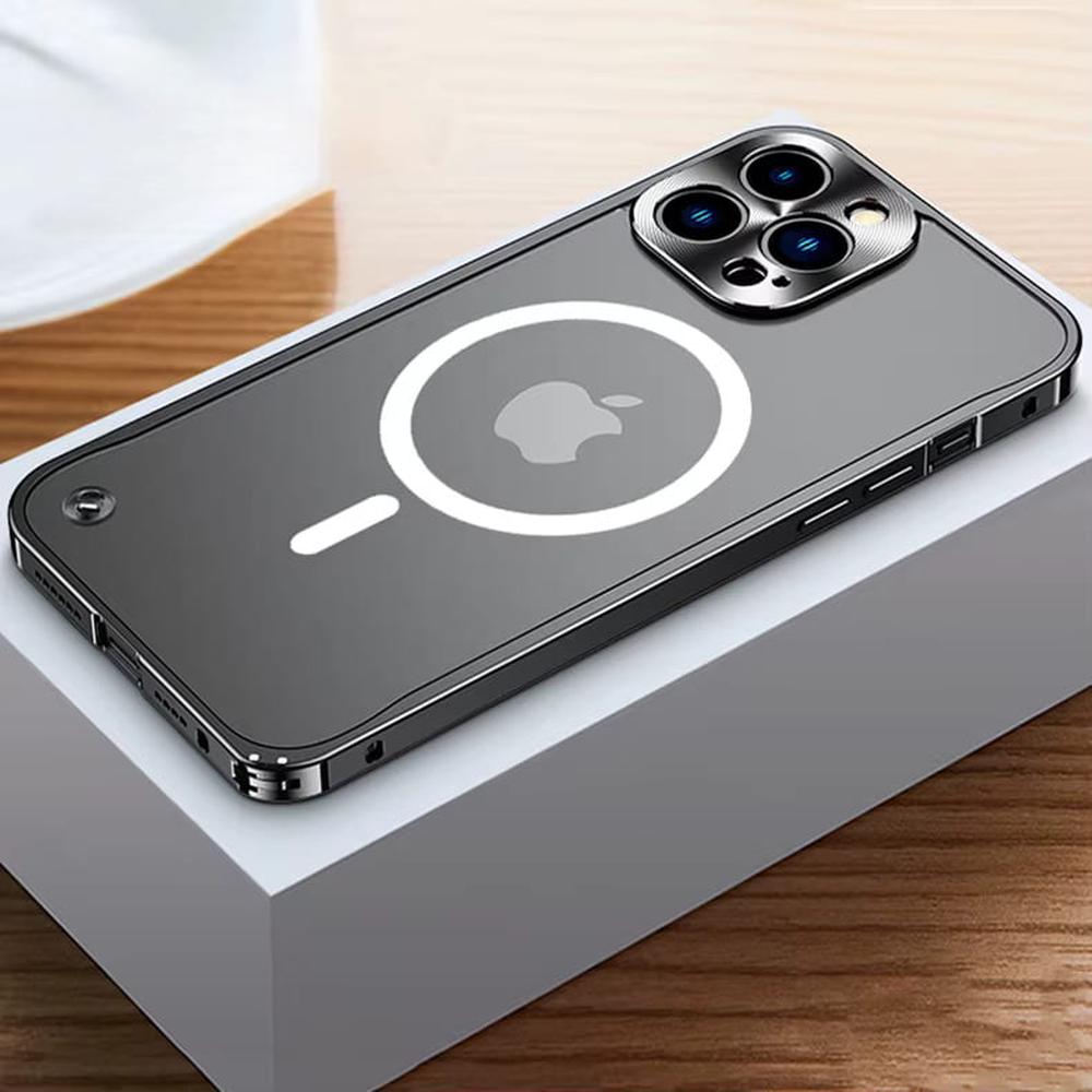 iPhone Case Machined Aluminum Frame Matte Back Cover Shock Protection Raised Edges with MagSafe Compatible Ring Precision Cutouts for 13