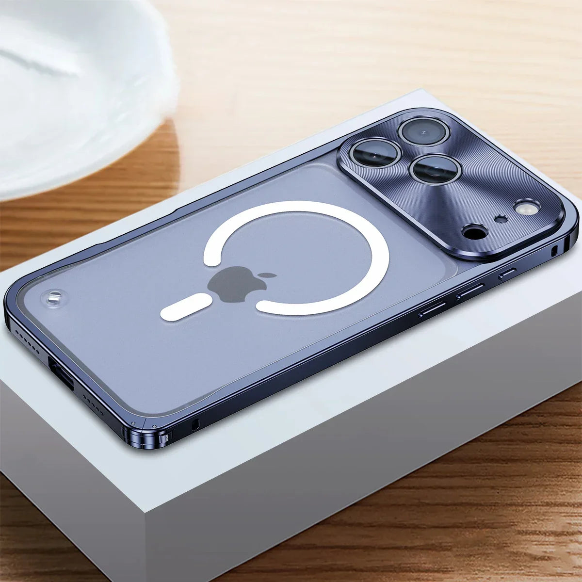 iPhone Case Machined Aluminum Frame Matte Back Cover Shock Protection Raised Edges with MagSafe Compatible Ring Precision Cutouts for 13