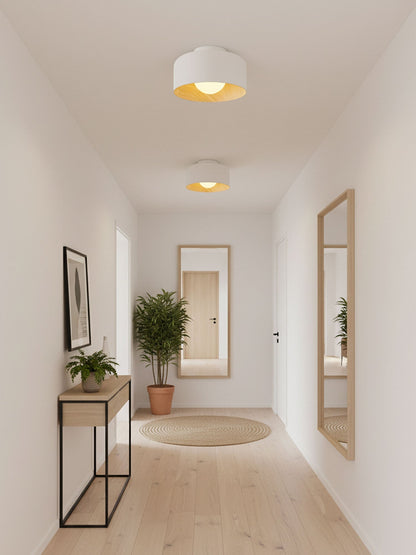 Flush Mount Ceiling Light Fixture for Bedroom Hallway Small Rooms 9 in Round LED Glass Shade with Wood Grain Interior Modern Accent for Livi