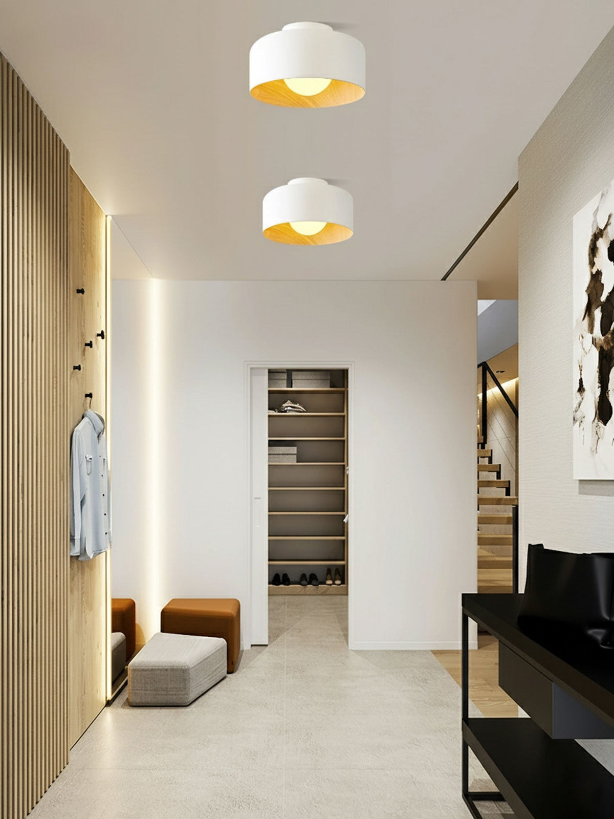 Flush Mount Ceiling Light Fixture for Bedroom Hallway Small Rooms 9 in Round LED Glass Shade with Wood Grain Interior Modern Accent for Livi