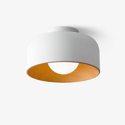 Flush Mount Ceiling Light Fixture for Bedroom Hallway Small Rooms 9 in Round LED Glass Shade with Wood Grain Interior Modern Accent for Livi