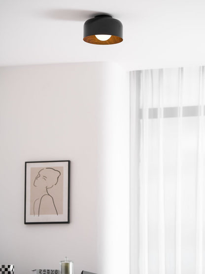 Flush Mount Ceiling Light Fixture for Bedroom Hallway Small Rooms 9 in Round LED Glass Shade with Wood Grain Interior Modern Accent for Livi