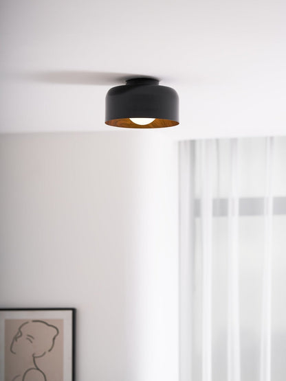 Flush Mount Ceiling Light Fixture for Bedroom Hallway Small Rooms 9 in Round LED Glass Shade with Wood Grain Interior Modern Accent for Livi