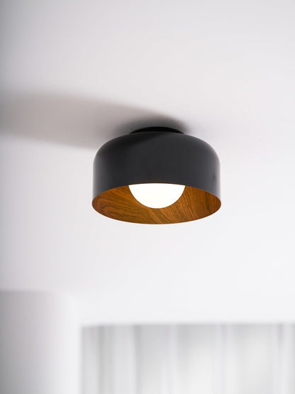 Flush Mount Ceiling Light Fixture for Bedroom Hallway Small Rooms 9 in Round LED Glass Shade with Wood Grain Interior Modern Accent for Livi